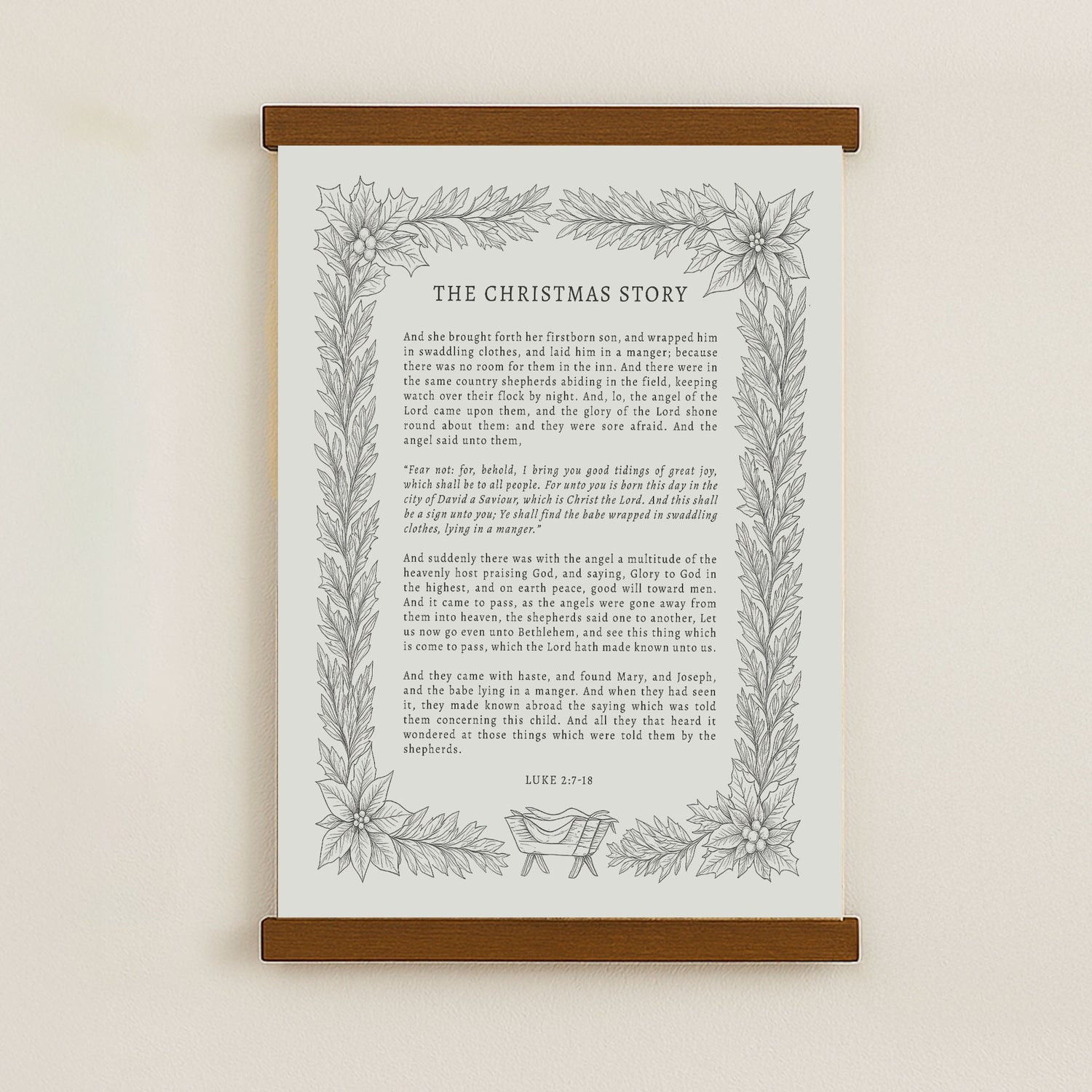 The image is a framed print of a Christmas-themed text, featuring a decorative border with a floral design.