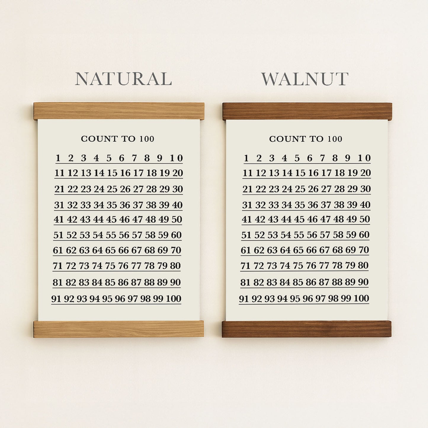 two framed lists of numbers, labeled "NATURAL" and "WALNUT", with each list containing numbers from 1 to 100.