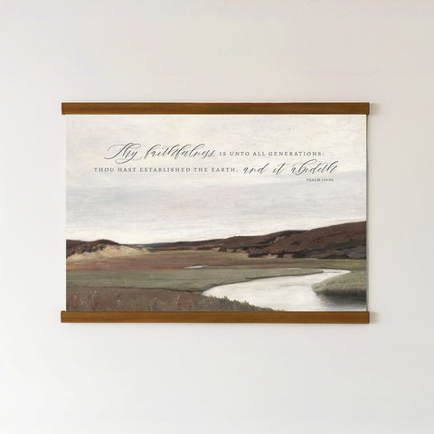 The image is a framed print of a landscape with a winding river, featuring a quote from Psalm 119:1 that reads 