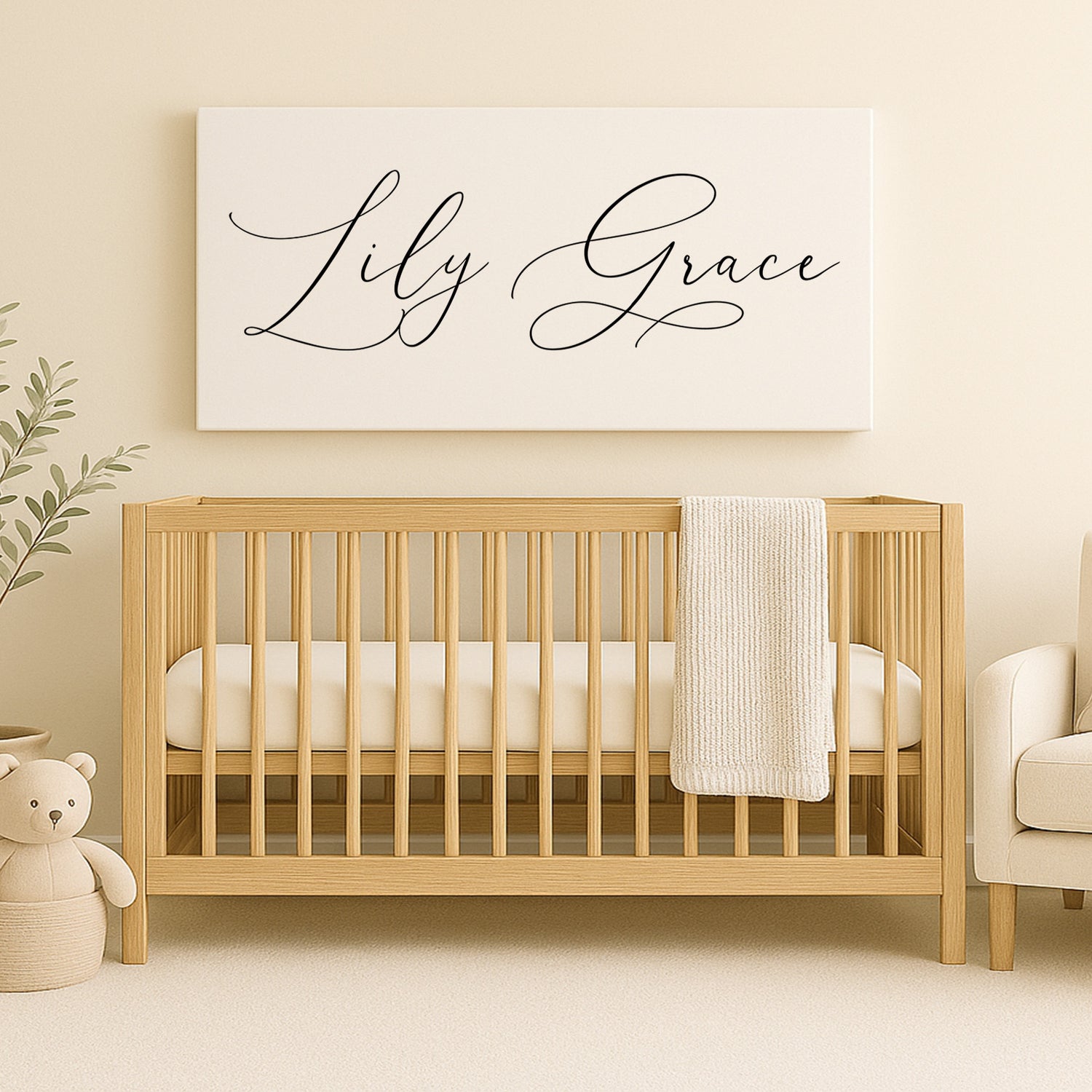 a baby crib with a teddy bear next to it
