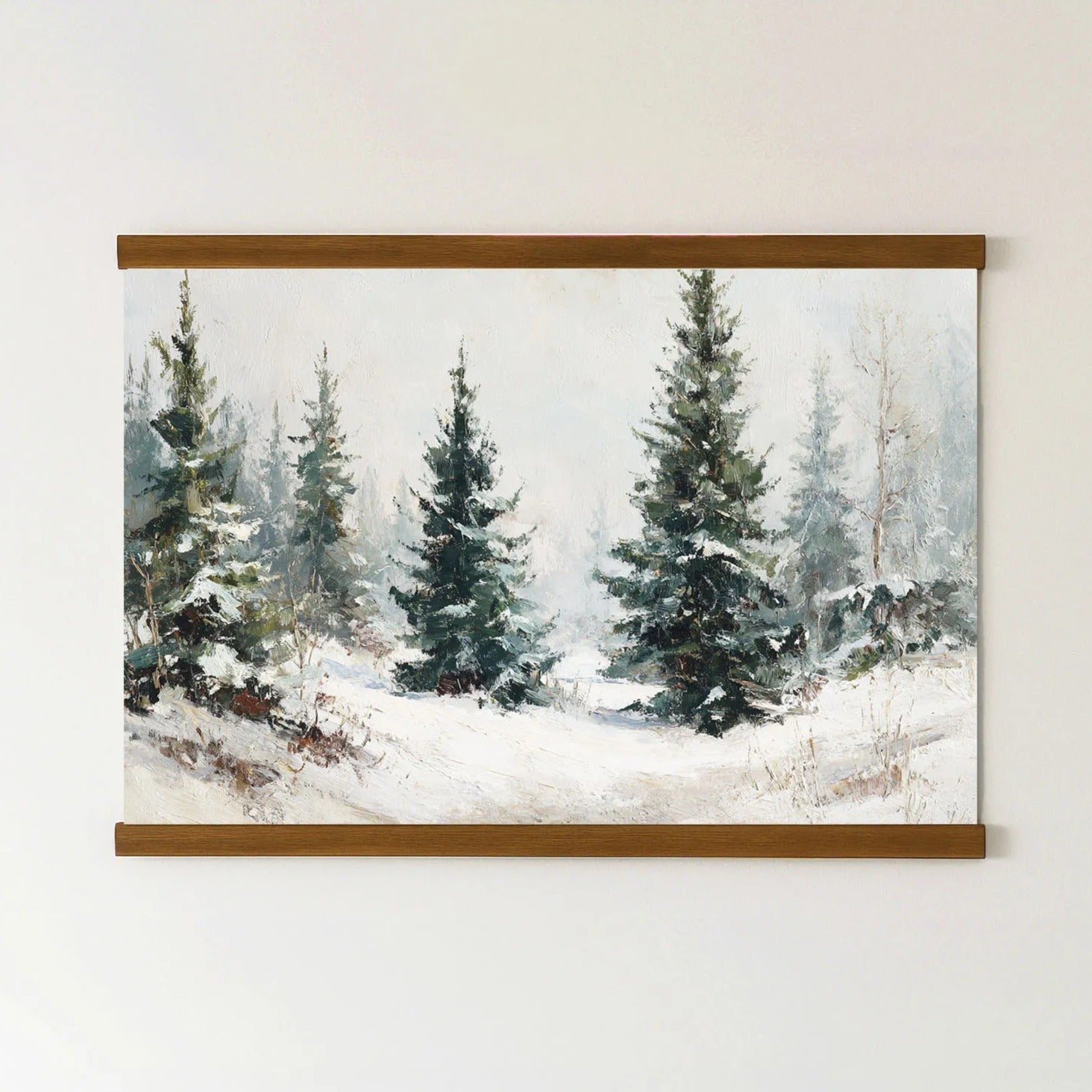 A painting of a snowy forest scene with tall pine trees covered in snow.