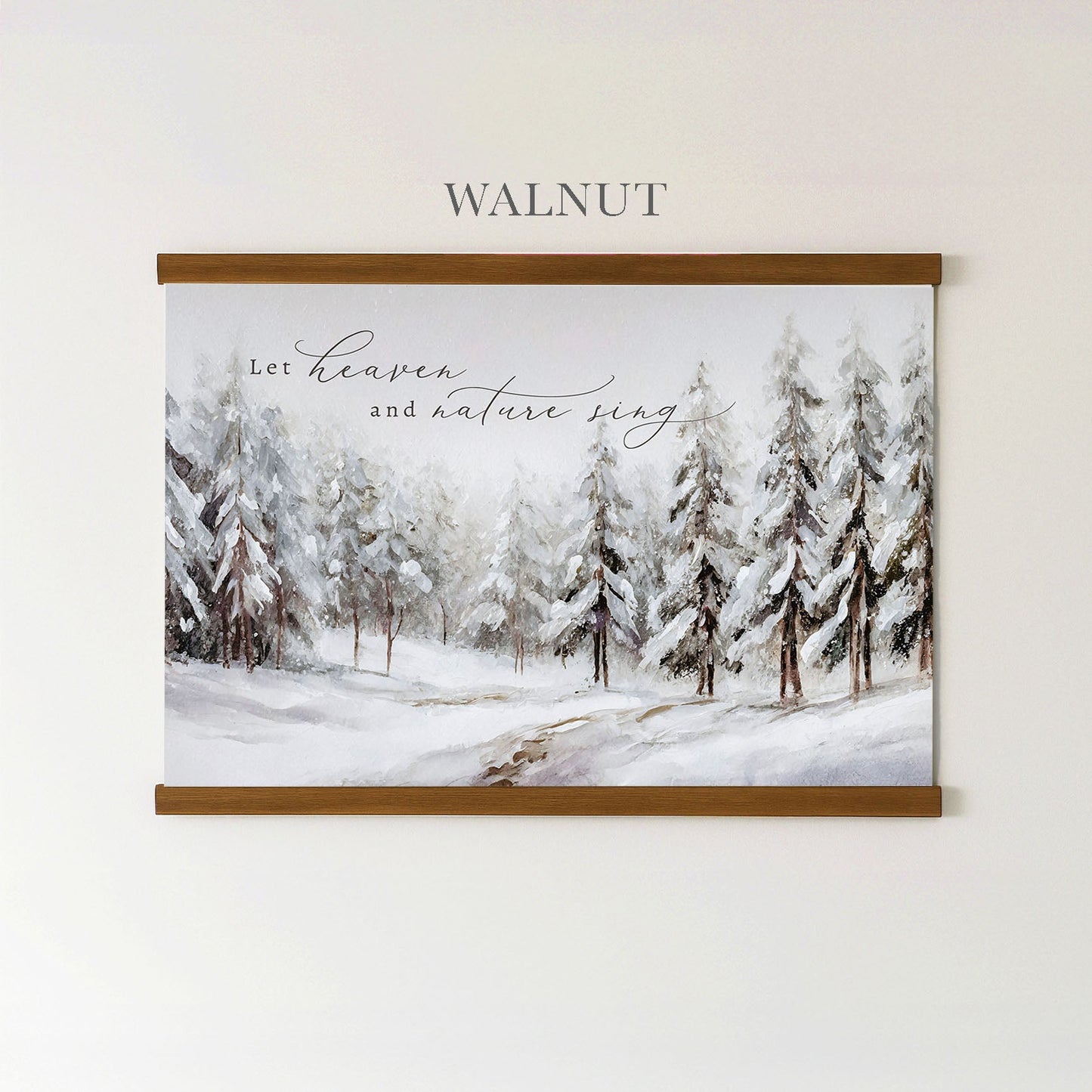 A framed painting of a snowy forest with pine trees and a path through the snow.