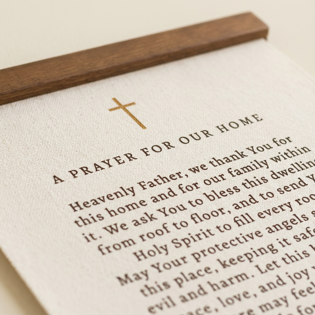 A prayer card with a gold cross on top, featuring a religious text.