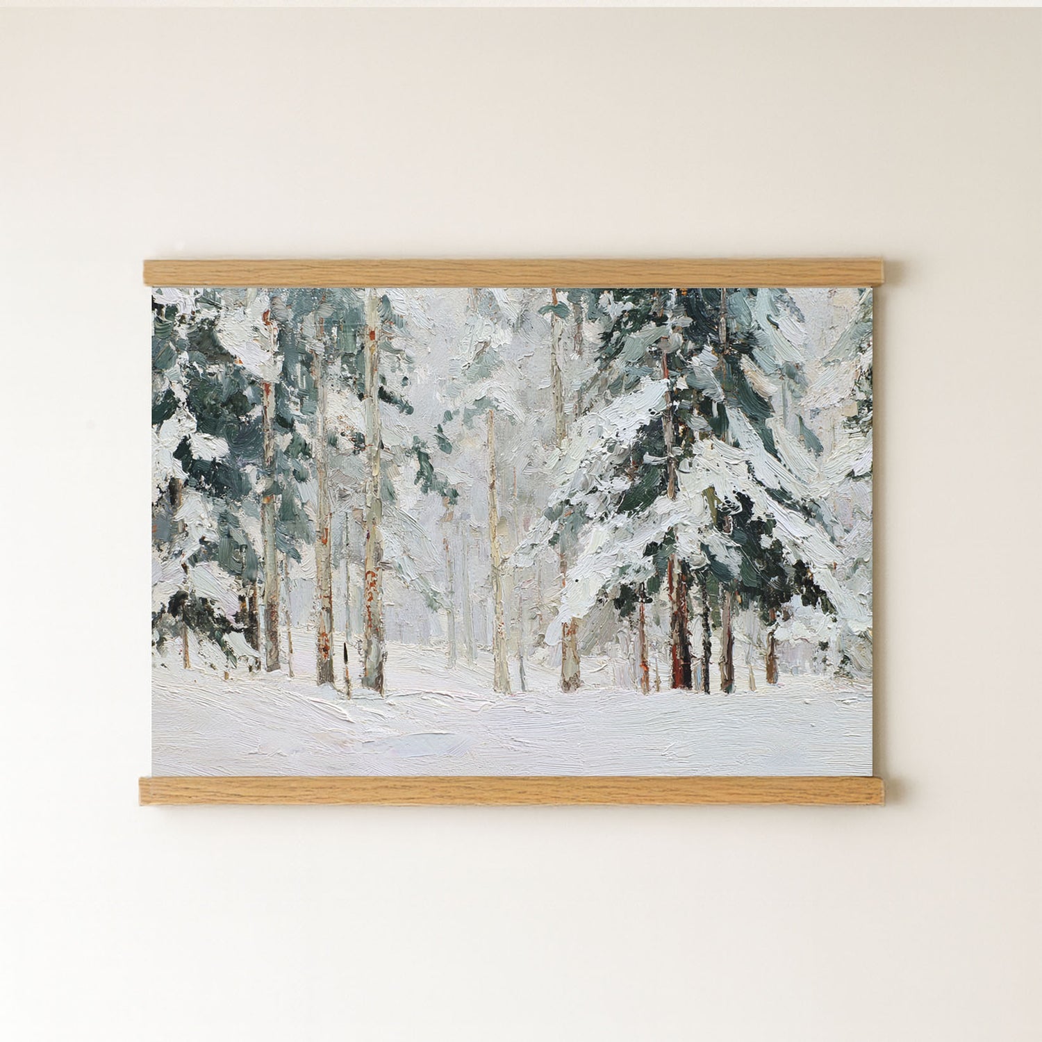 The image is a painting of a snowy forest scene, depicting a winter landscape with tall trees covered in snow.