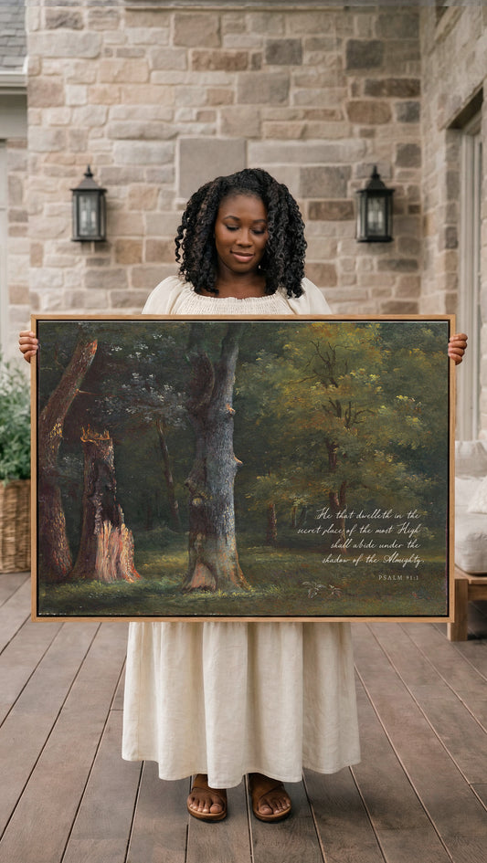 A woman in a white dress holds a large painting of a forest scene, with a text overlay that reads " Psalm 15:7".