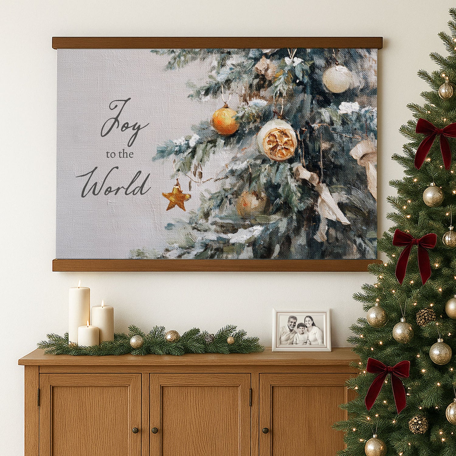 a Christmas tree decorated with ornaments, lights, and a star, with a "Joy to the World" message displayed above it. The tree is placed next to a wooden cabinet, and there are candles and a framed photo on the cabinet.