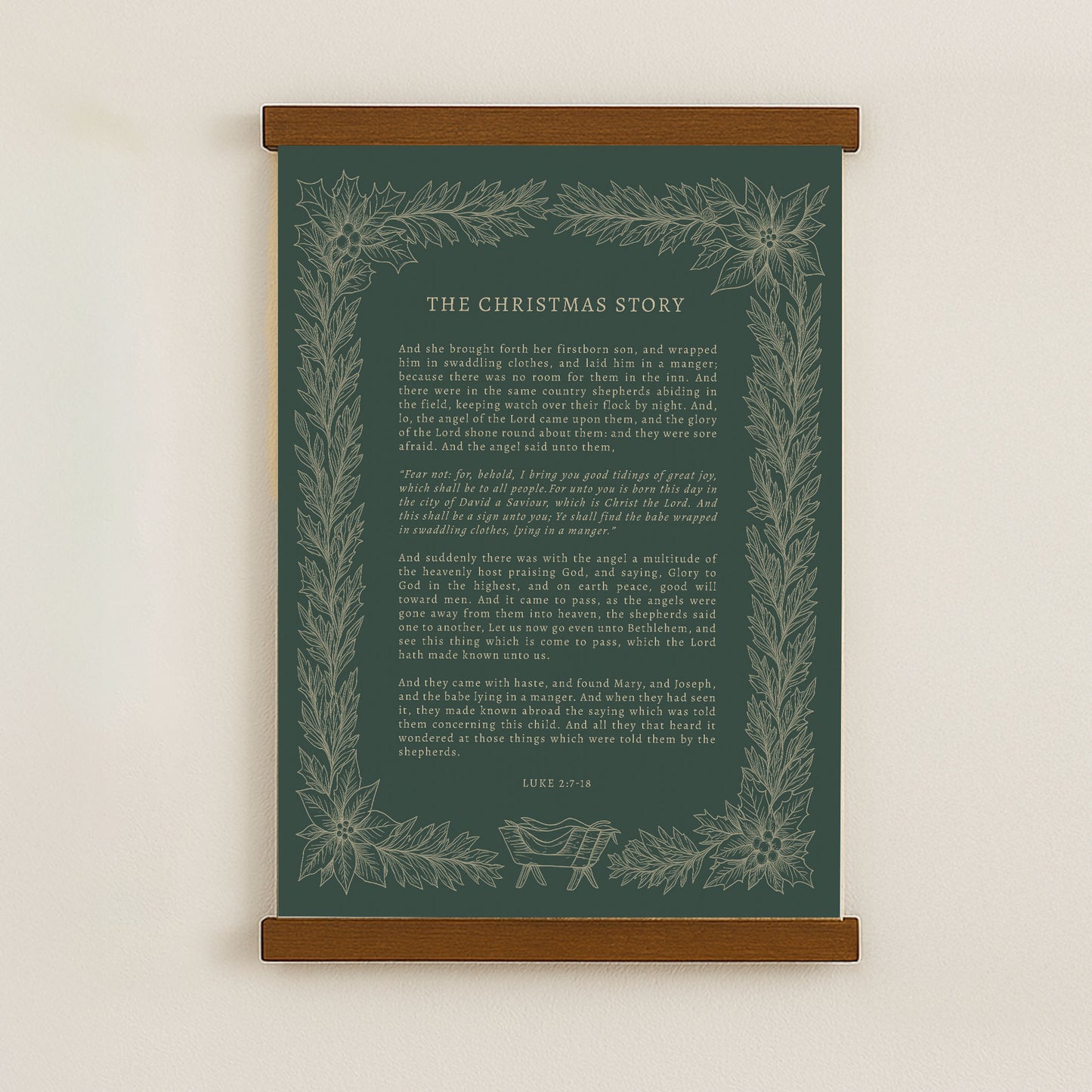 The image is a framed poster with a Christmas-themed design, featuring a central text box with a green background and a decorative border of leaves and flowers.