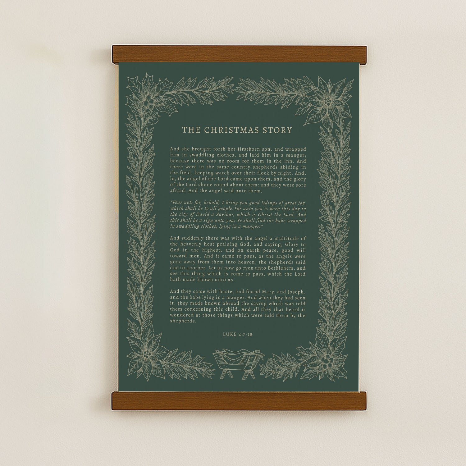 The image is a framed poster with a Christmas-themed design, featuring a central text box with a green background and a decorative border of leaves and flowers.