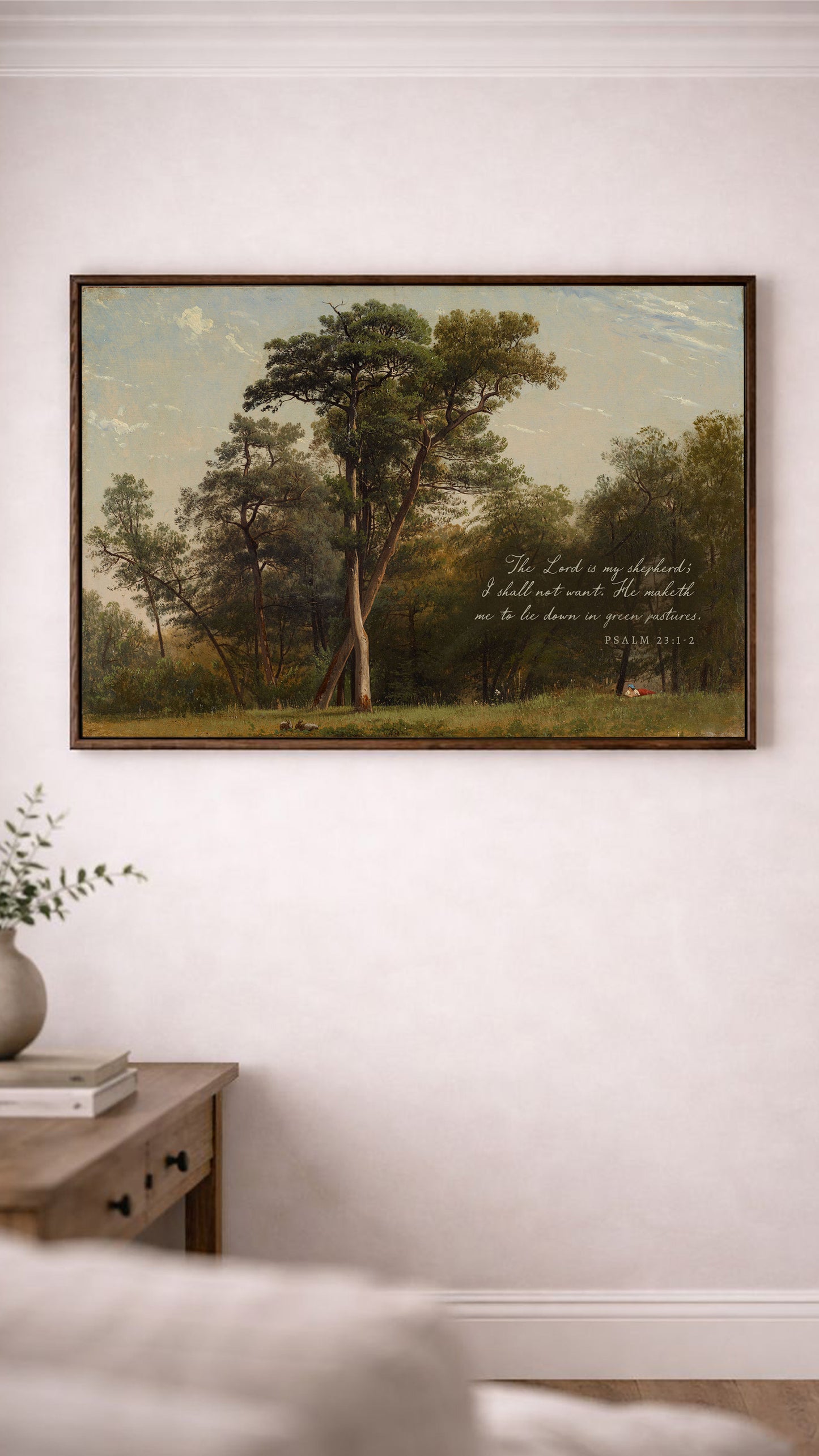 a painting of a serene landscape with tall trees and a peaceful atmosphere.