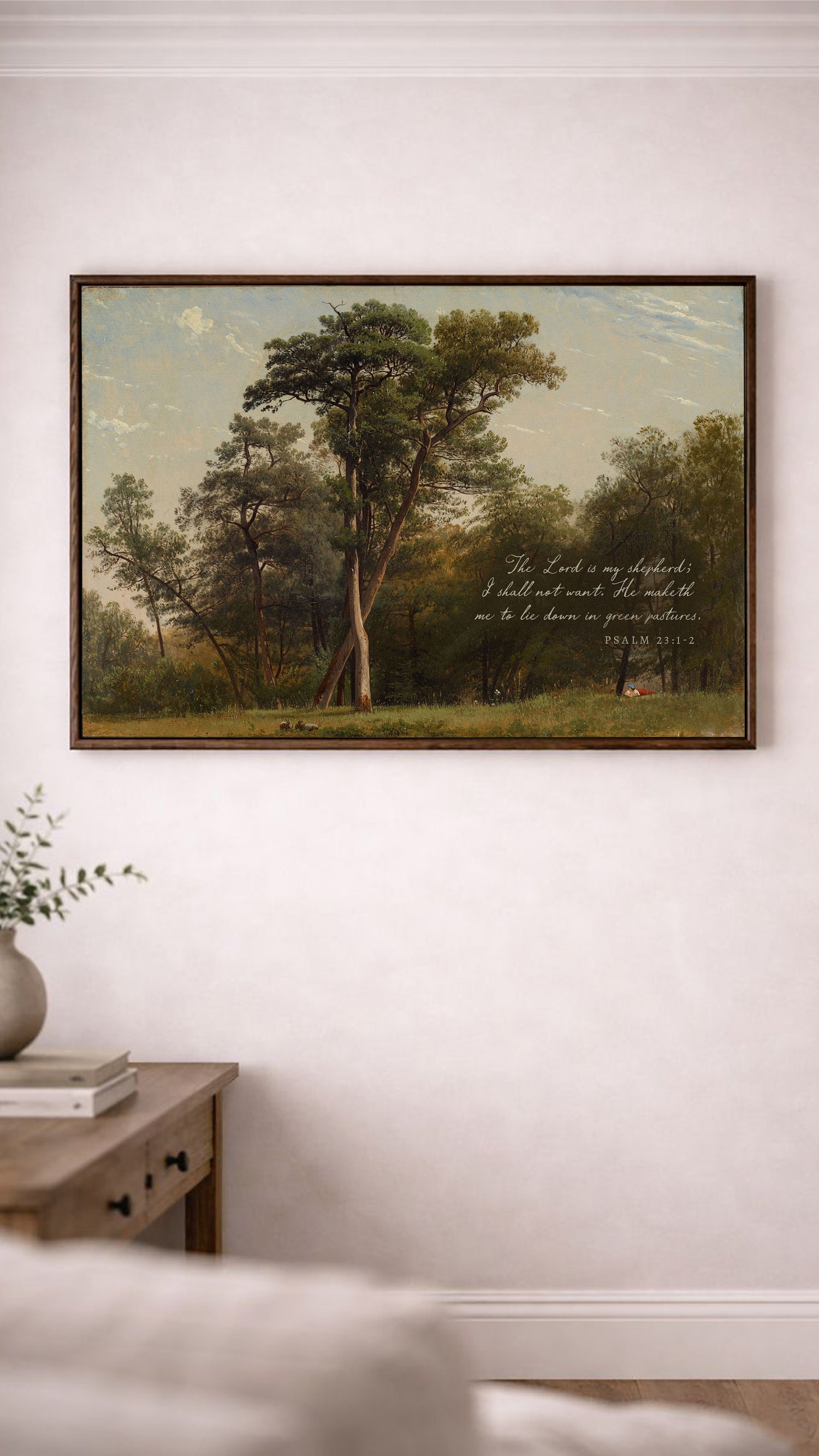 a painting of a serene landscape with tall trees and a peaceful atmosphere.