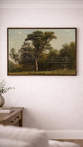 a painting of a serene landscape with tall trees and a peaceful atmosphere.
