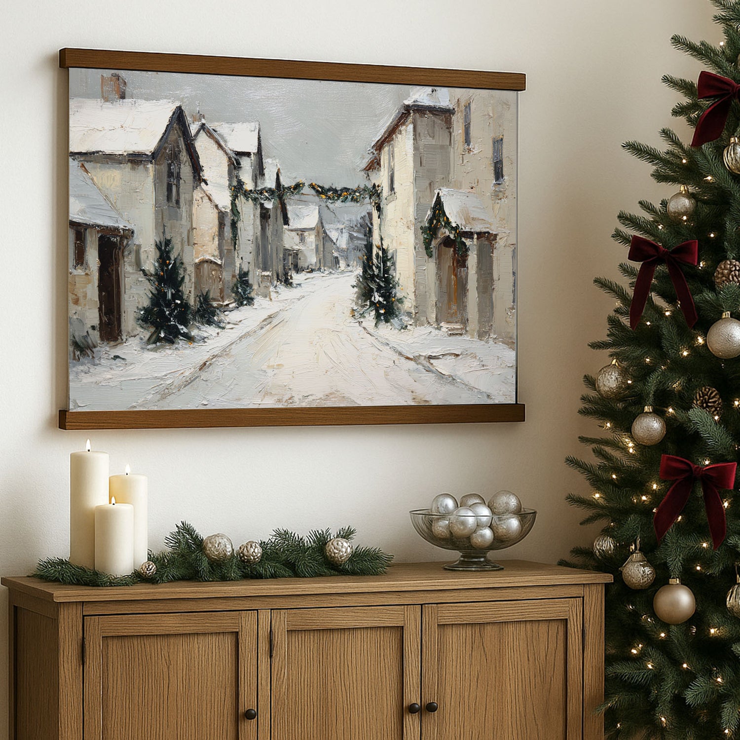 a cozy winter scene with a snowy village street, a Christmas tree, and a wooden cabinet with a bowl of silver ornaments and greenery.