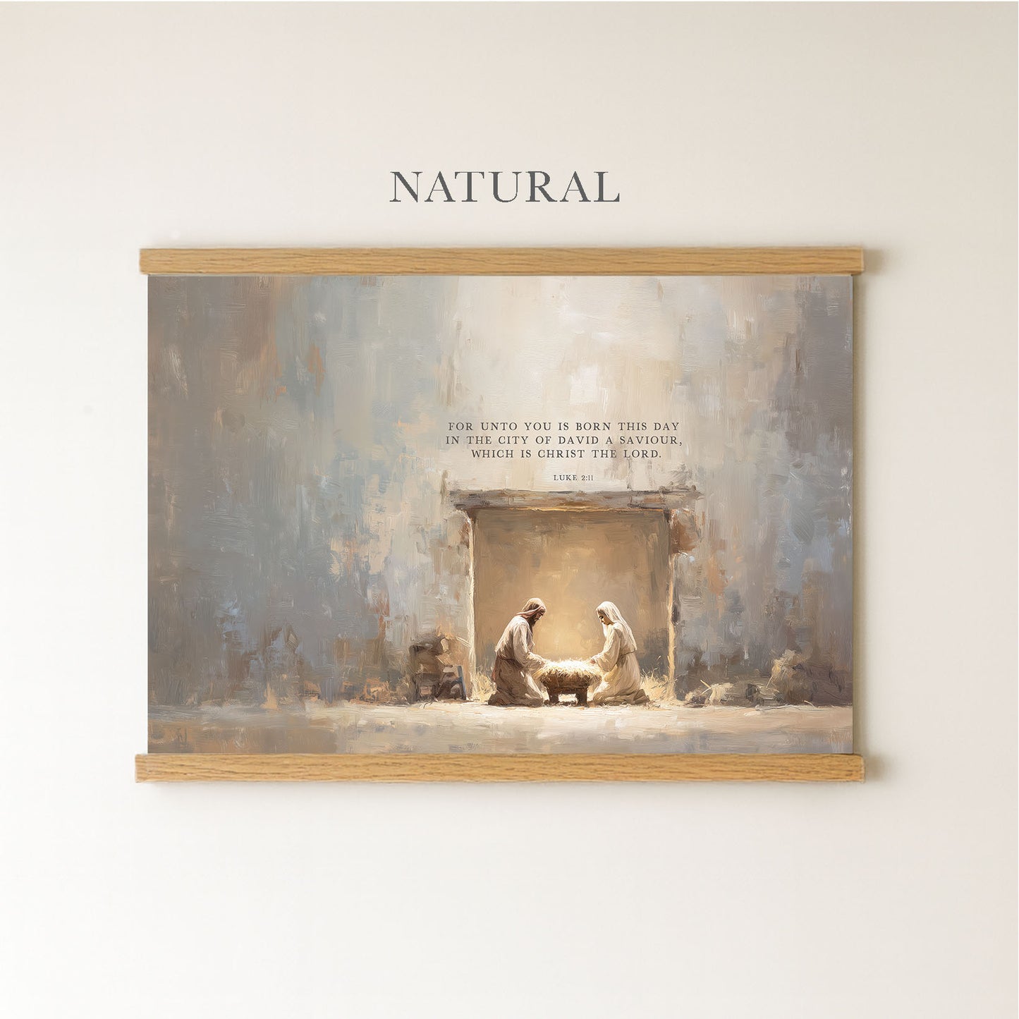 The image is a painting of a nativity scene, depicting the birth of Jesus Christ, with the figures of Mary, Joseph, and baby Jesus in a manger.