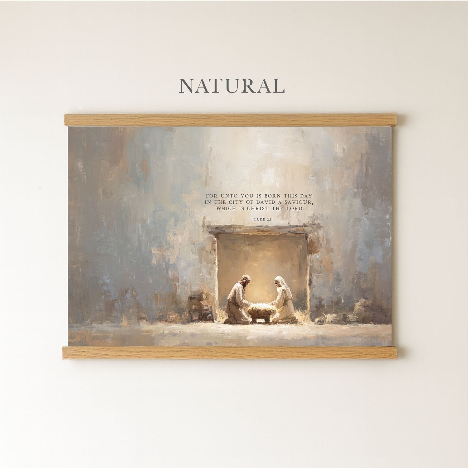 The image is a painting of a nativity scene, depicting the birth of Jesus Christ, with the figures of Mary, Joseph, and baby Jesus in a manger.