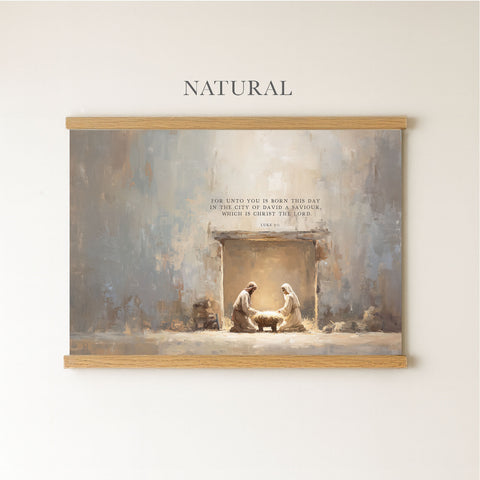 The image is a painting of a nativity scene, depicting the birth of Jesus Christ, with the figures of Mary, Joseph, and baby Jesus in a manger.