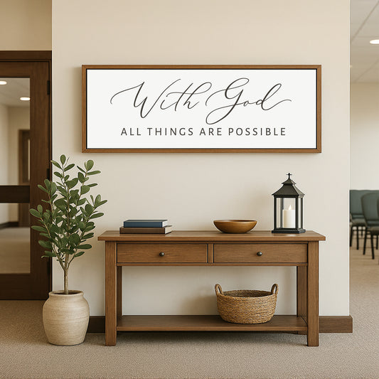 a wooden table with a basket and a vase on top of it