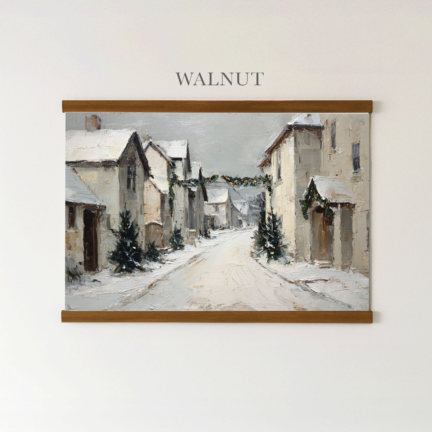 The image is a painting of a snowy village street, featuring houses, trees, and a path covered in snow.