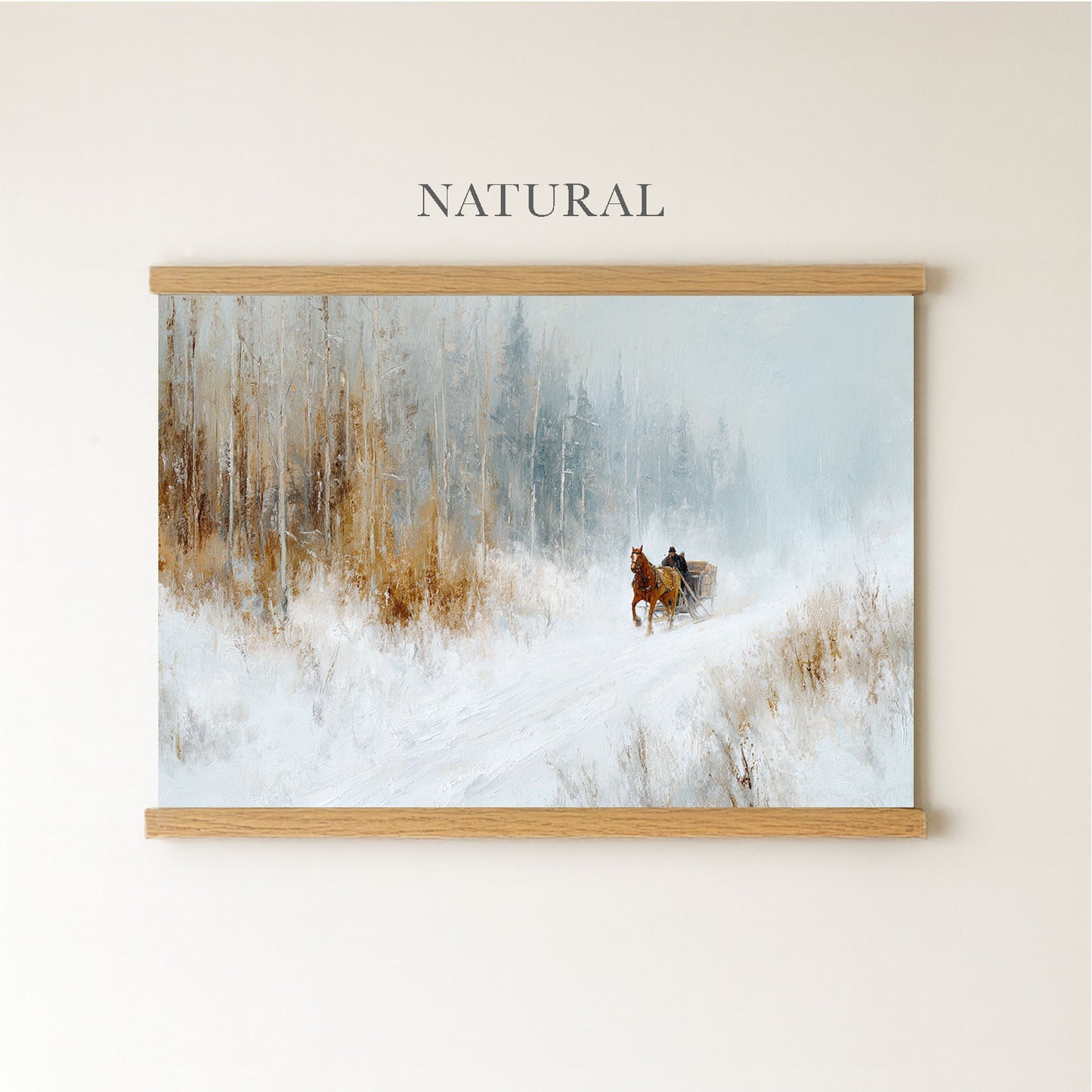 A painting of a horse and rider on a snowy path through a forest, with the word "NATURAL" above the artwork.
