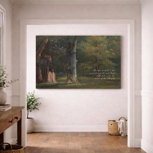 a large painting of a forest scene hanging on a white wall in a room with a wooden floor.