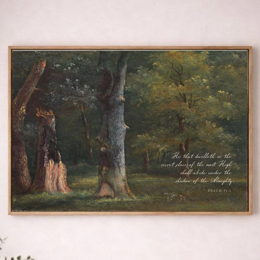 a painting of a forest scene with a quote from Psalm 11 hanging on the wall above it.