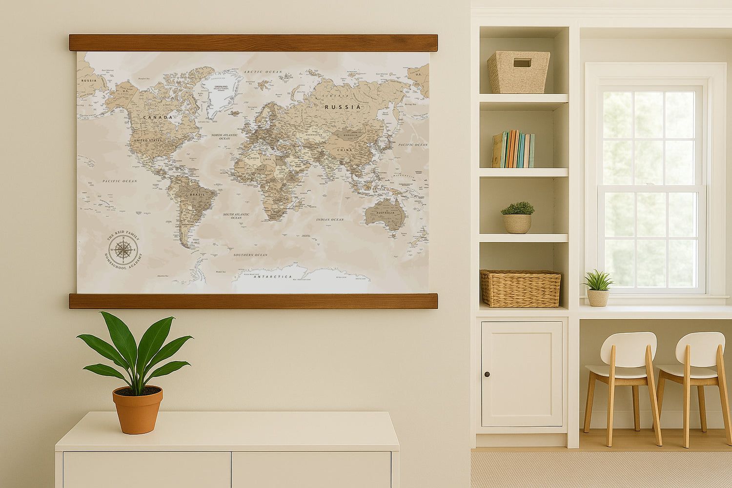 a large world map hanging on a wall, with a potted plant placed on a white dresser below it.