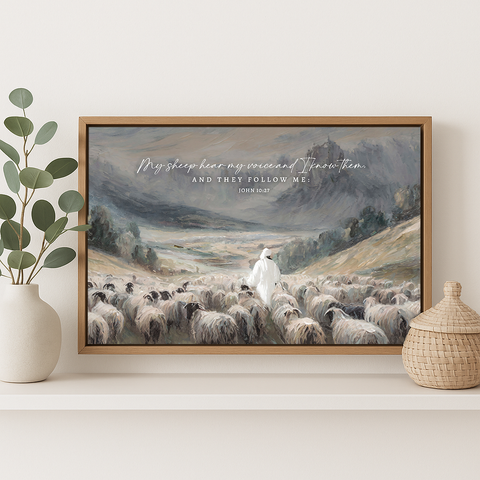The image is a framed painting depicting a shepherd tending to his flock in a mountainous landscape.