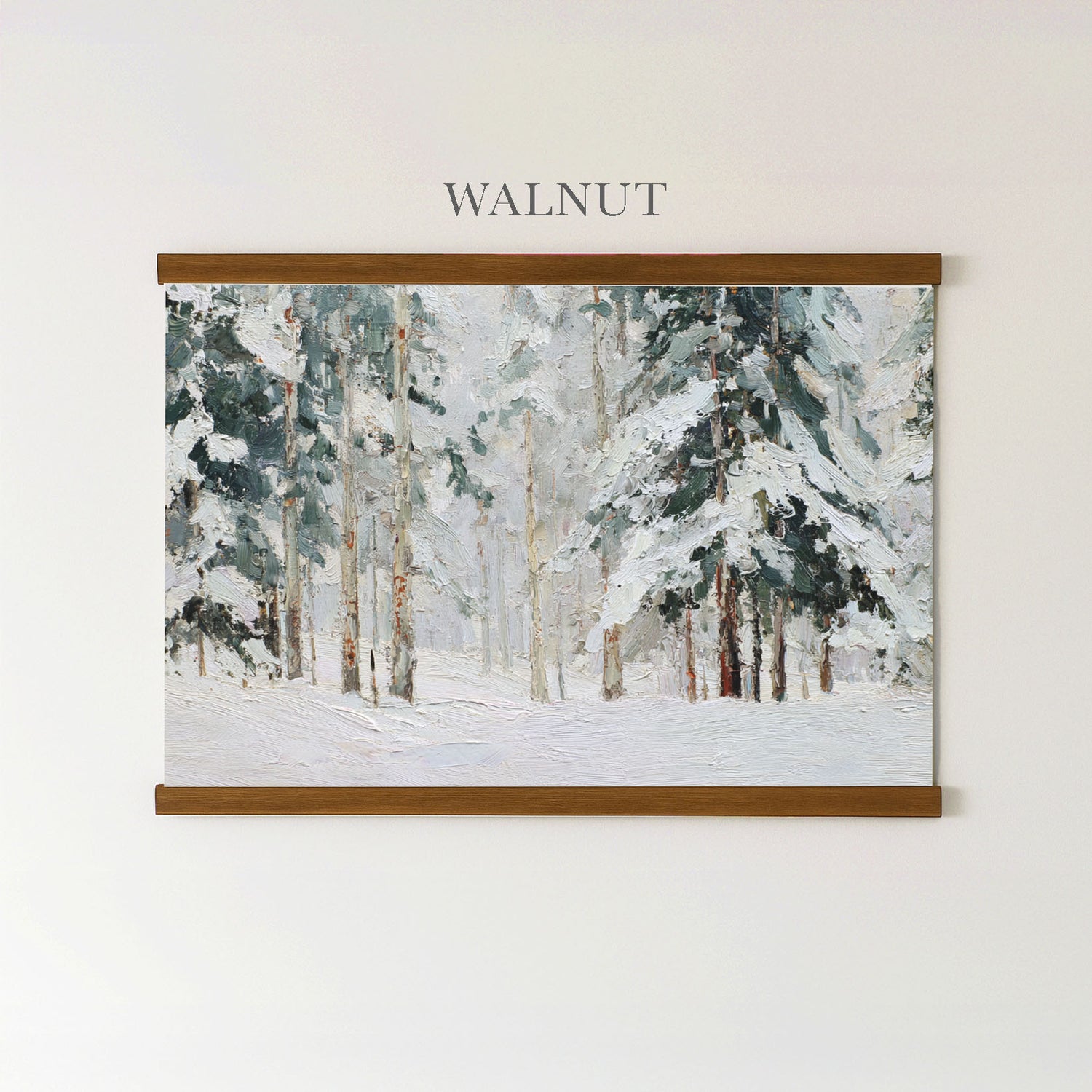 The image is a painting of a snowy forest scene, featuring tall trees covered in snow.