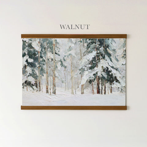 The image is a painting of a snowy forest scene, featuring tall trees covered in snow.