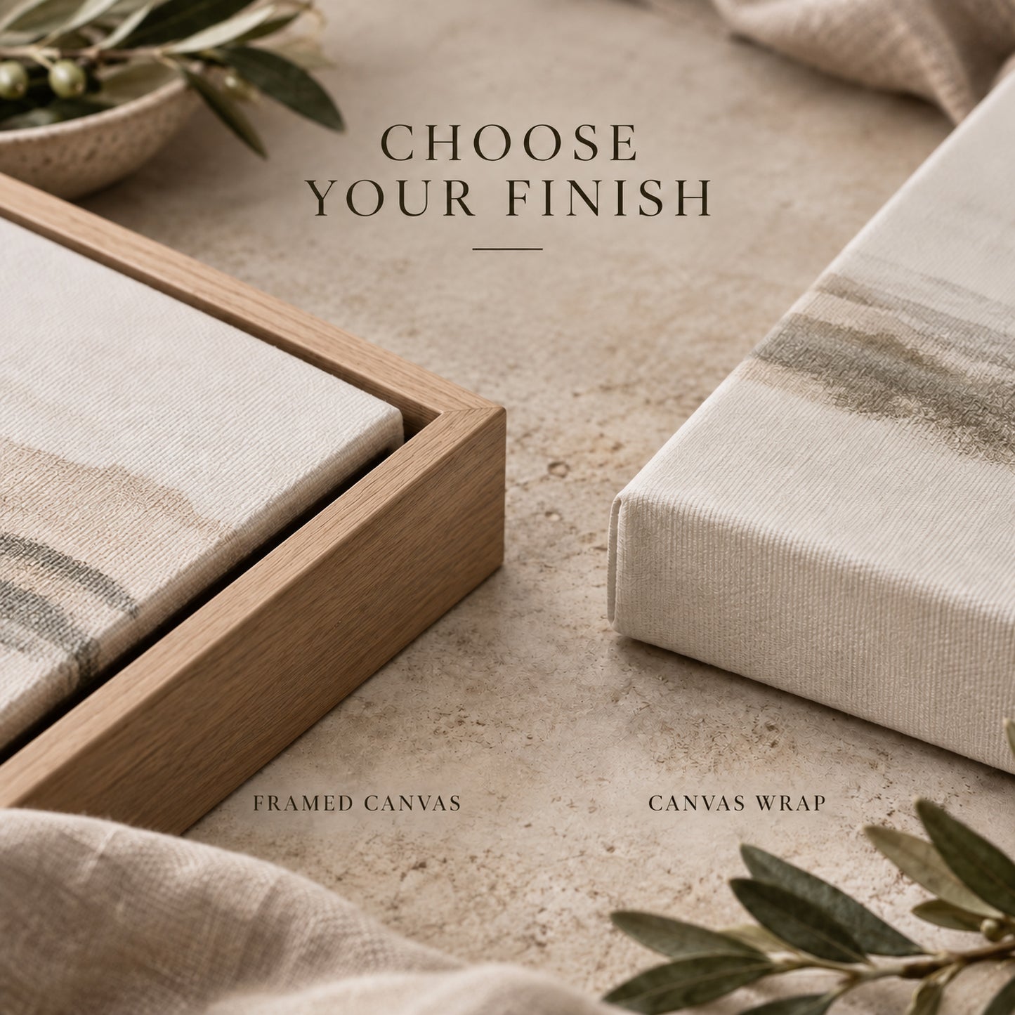 two framed canvas wraps, one with a wooden frame and the other with a canvas wrap, placed on a textured surface.