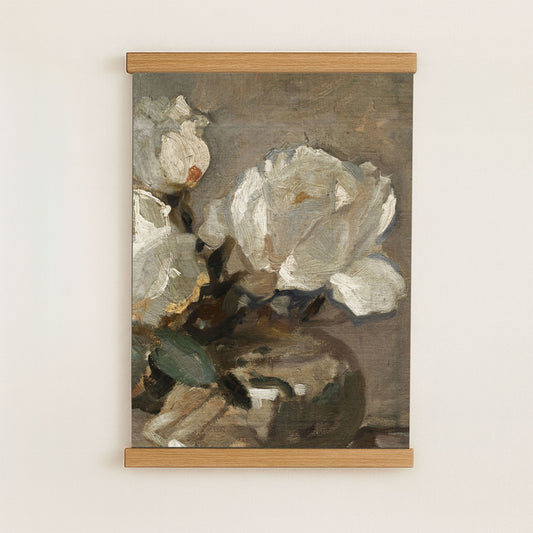 The image is a painting of a vase containing white flowers, displayed on a wall.