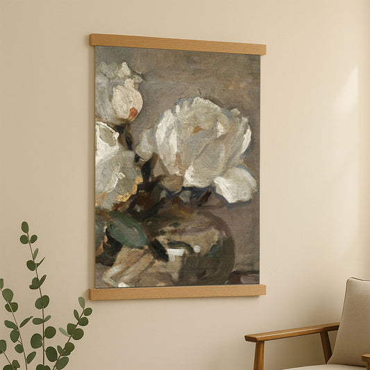 a painting of white flowers hanging on a wall, with a wooden frame around it.