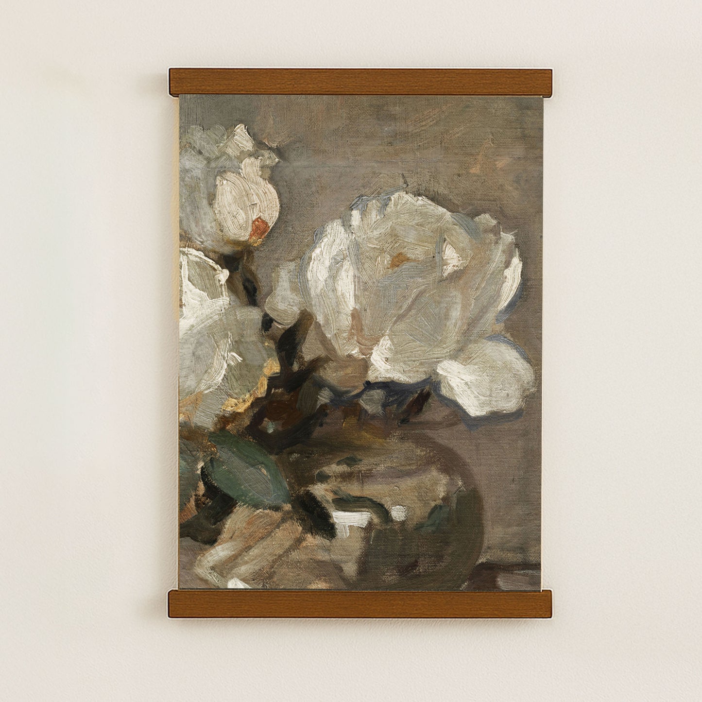 Vintage White Roses Close-Up | Neutral Floral Wall Art, Hanging