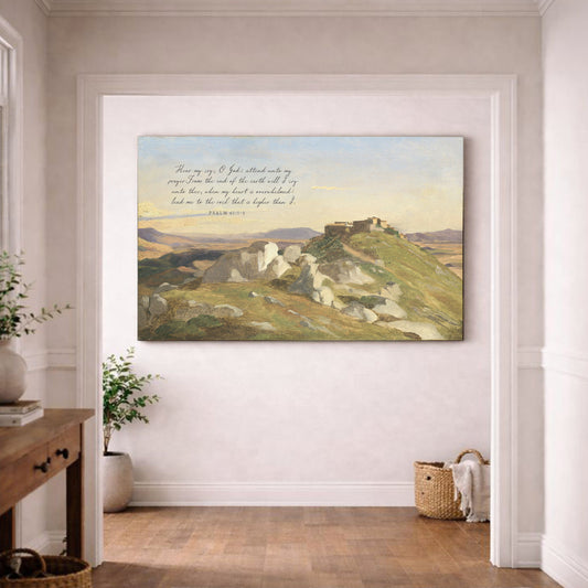 a large painting of a mountainous landscape hanging on a wall in a room with a wooden floor.