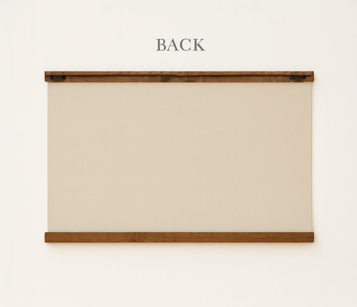 a blank white canvas or board mounted on a wall, with the word "BACK" written above it.