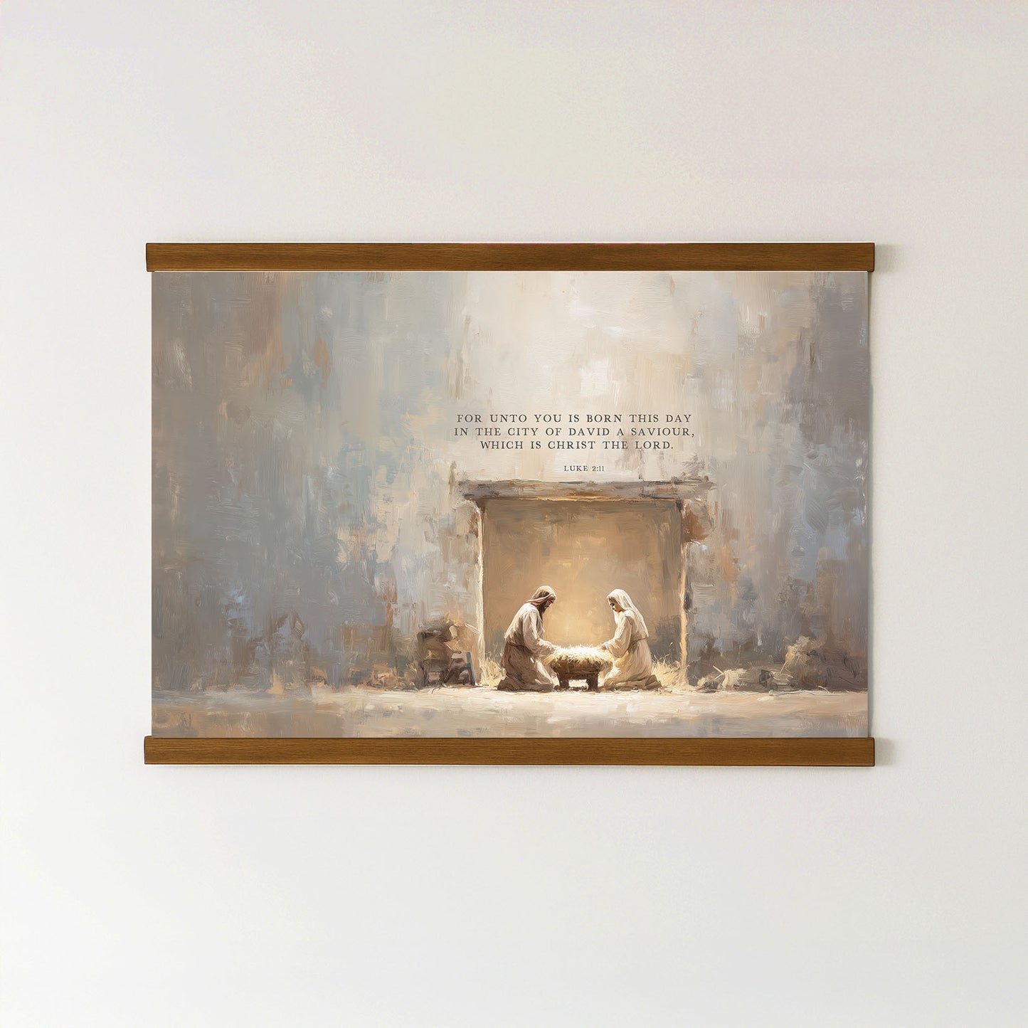 The image is a painting of a nativity scene, depicting the birth of Jesus Christ, with two figures, likely Mary and Joseph, standing in front of a baby Jesus. The painting is framed and hung on a wall.