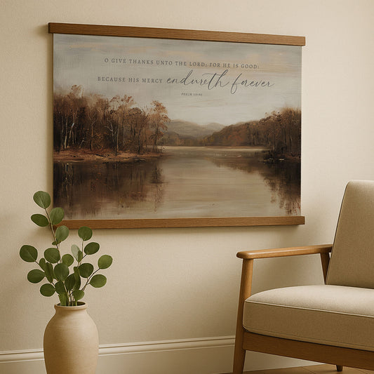 a serene landscape with a lake and trees, accompanied by a quote from the Bible verse Psalm 19:1-2.