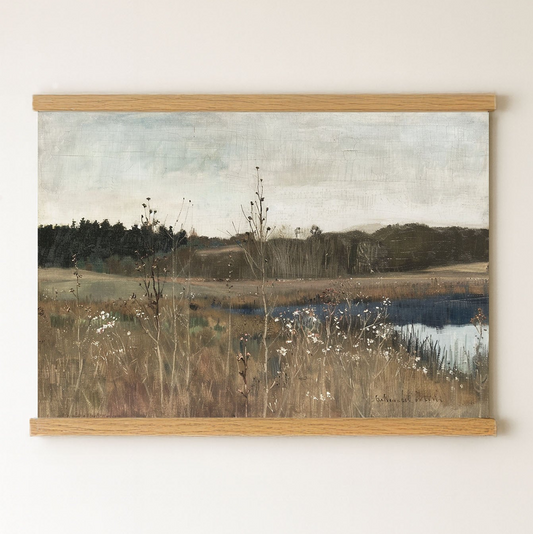 The image is a painting depicting a serene landscape with a body of water, tall grass, and trees in the background.