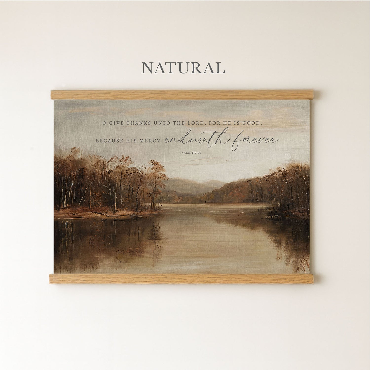 The image is a framed painting depicting a serene landscape with a lake and trees in the background.