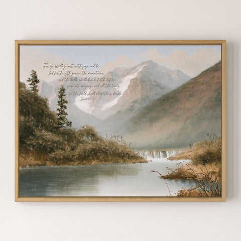 The image is a framed painting depicting a serene mountain landscape with a calm lake in the foreground. The painting features a text overlay that reads 
