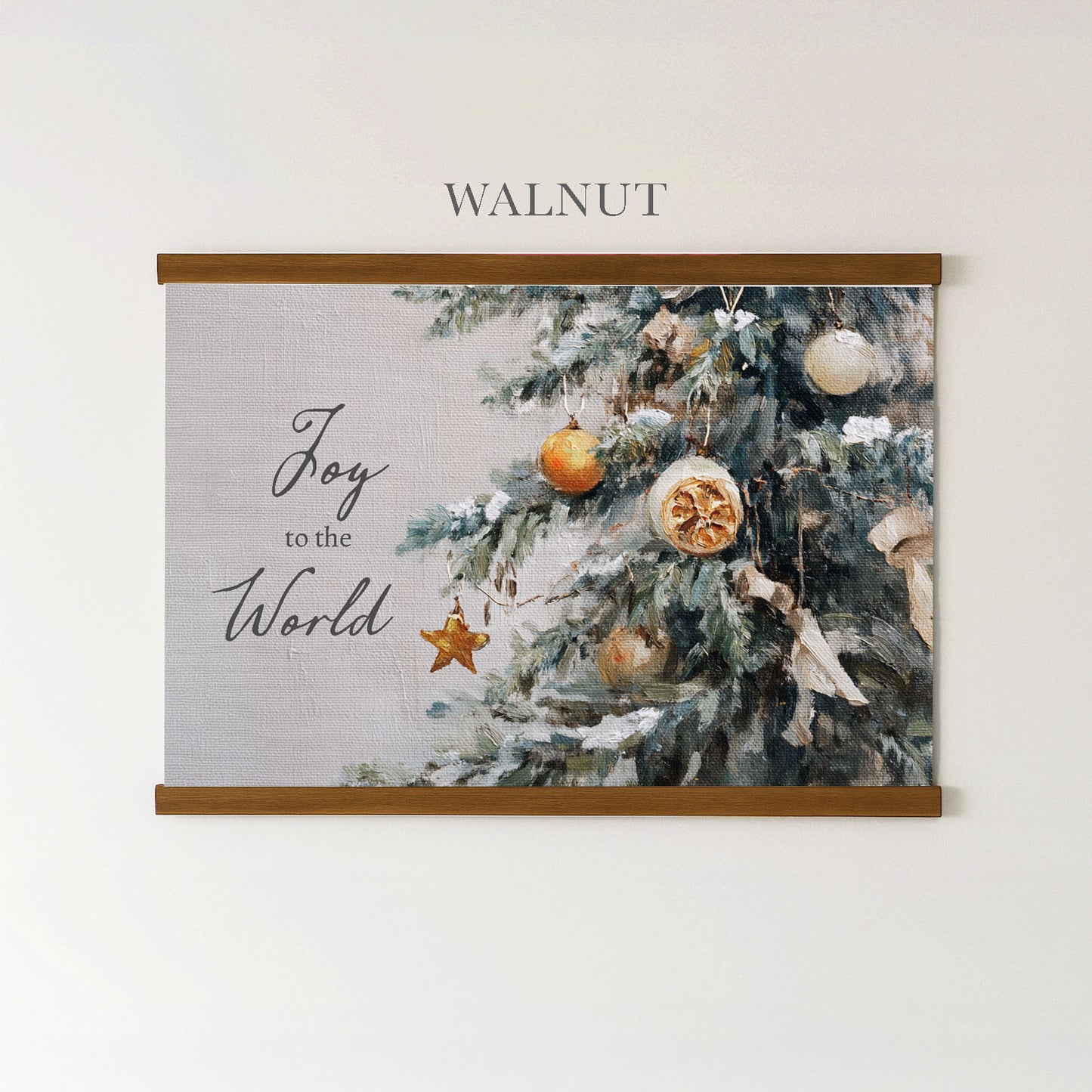 The image is a framed print of a Christmas tree with ornaments, accompanied by the text "Joy to the World" on the tree.