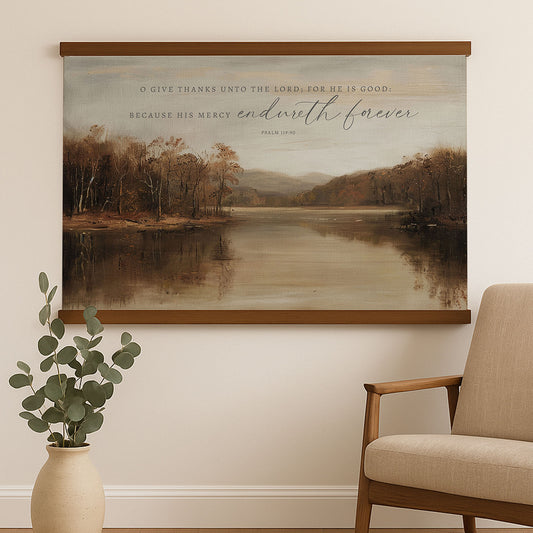 a serene landscape with a lake and trees, accompanied by a quote from the Bible verse Psalm 19:1-2.
