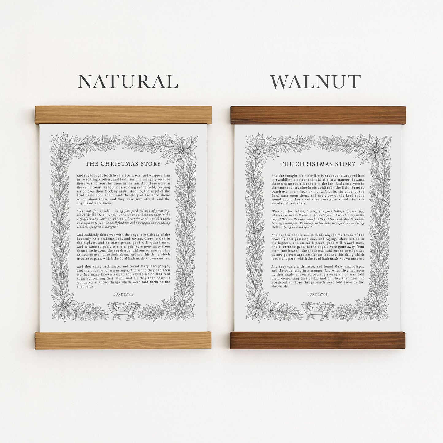 two framed holiday-themed artworks, each with a different title: "The Christmas Story" and "The Christmas Story". The artworks are framed in wood and have a natural and walnut finish.
