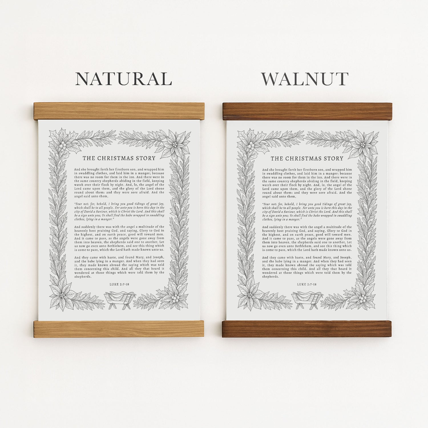 two framed holiday-themed artworks, each with a different title: "The Christmas Story" and "The Christmas Story". The artworks are framed in wood and have a natural and walnut finish.