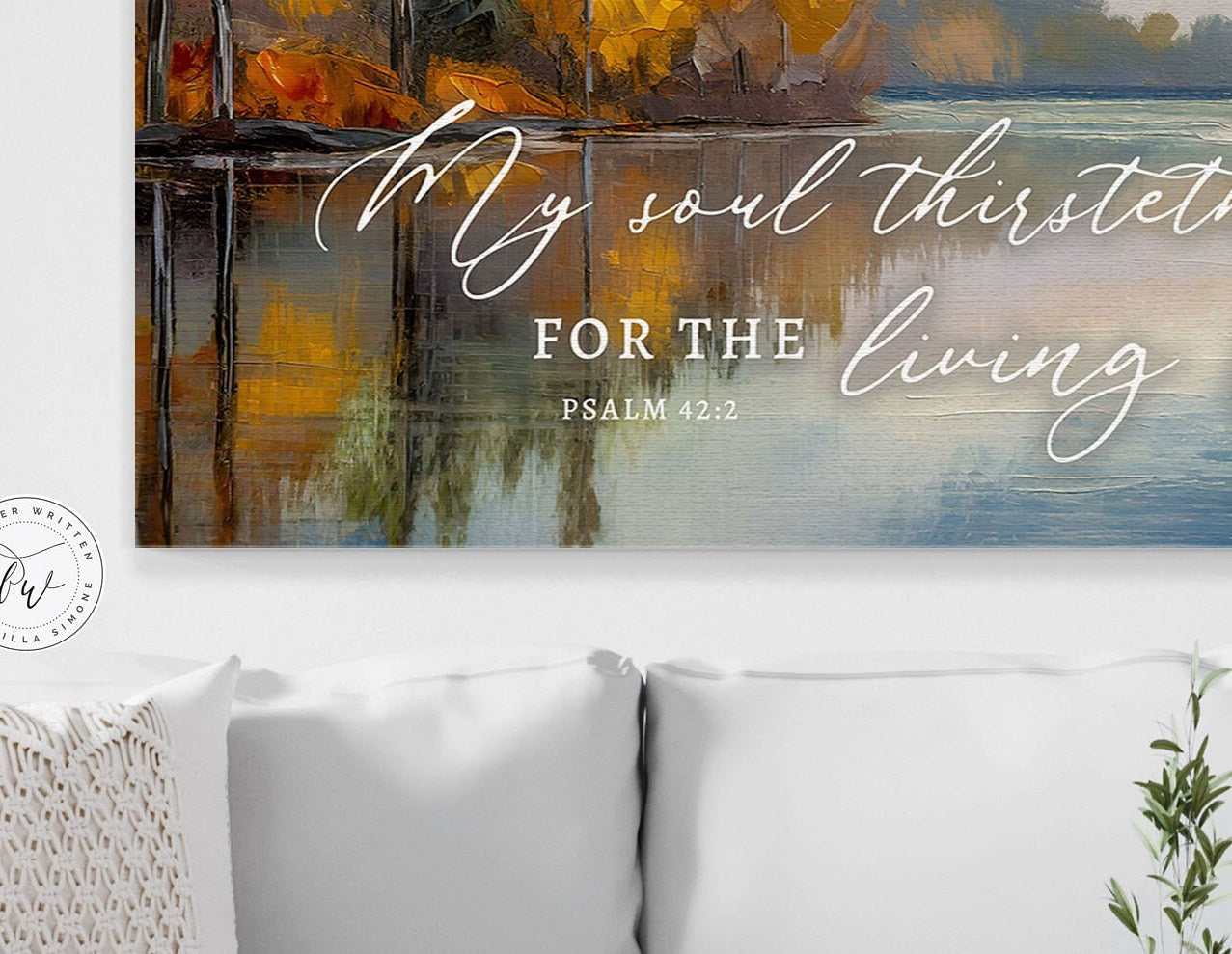 Christian Wall Art My Soul Thirsteth for God, for the Living God, Autumn Lake Painting Print on Canvas Psalm 42 2, Coastal Landscape