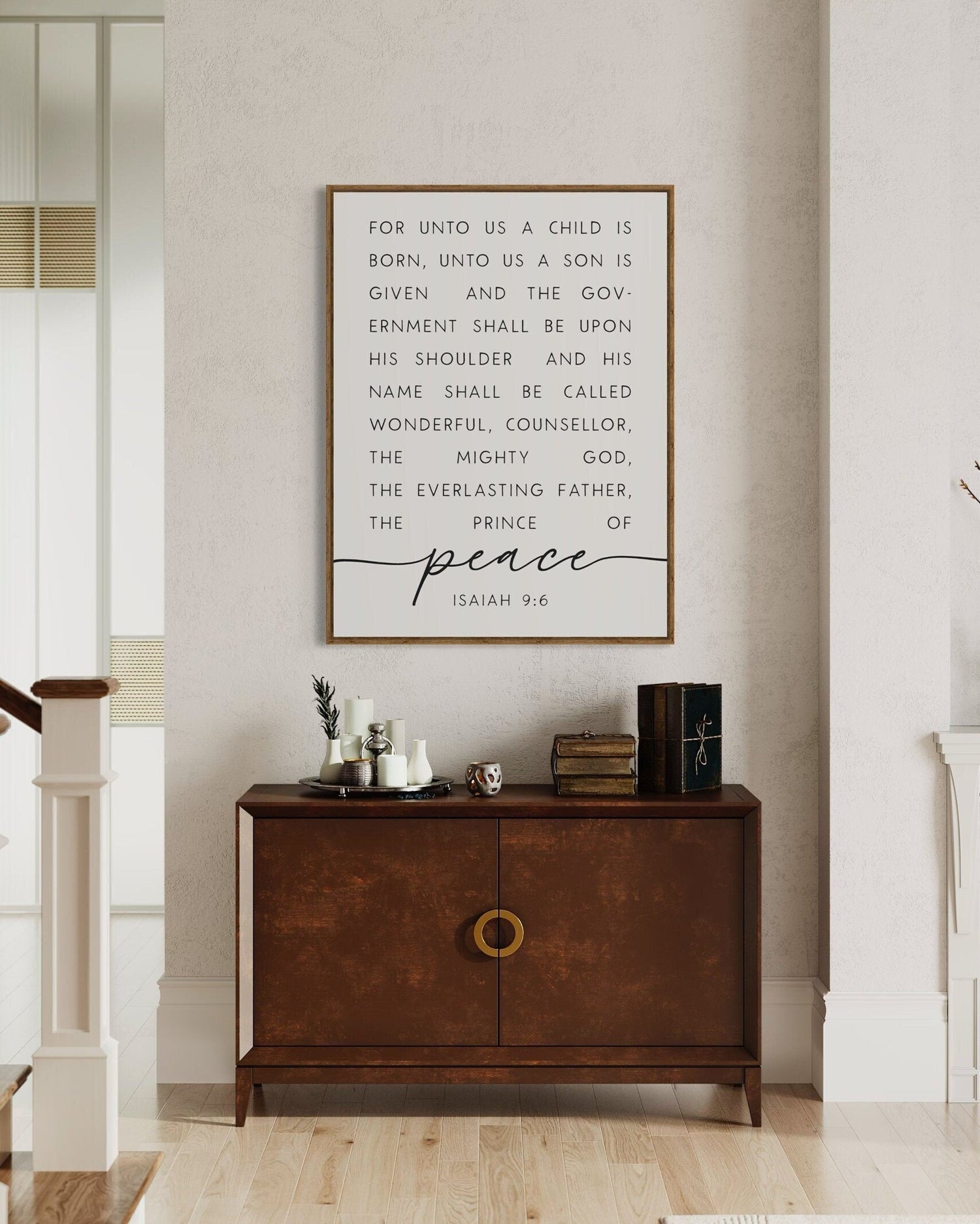 "For unto us a child is born" Isaiah 9:6 Framed Classic Canvas Scripture Wall Art.