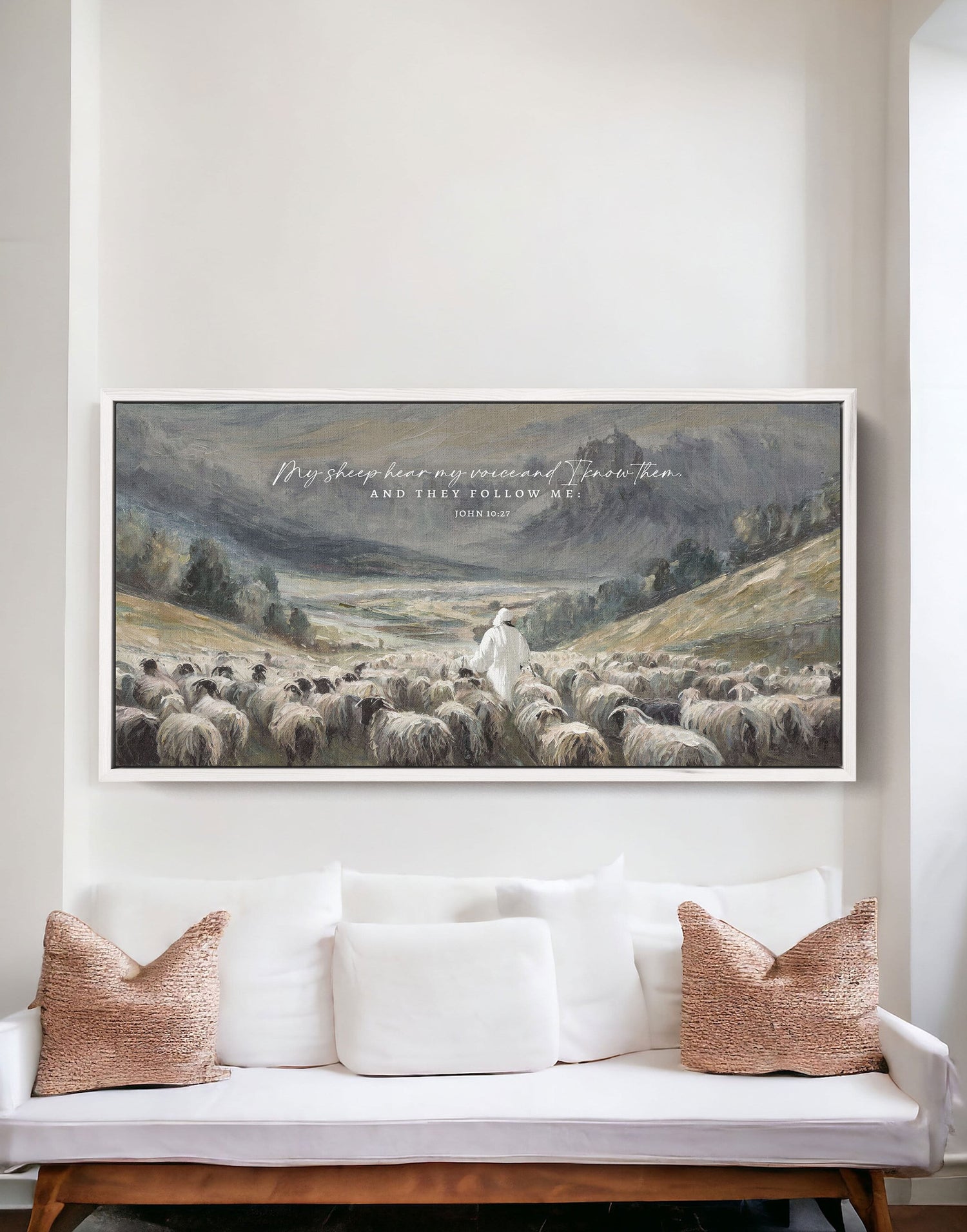 Christian Wall Art | My Sheep Know My Voice, Jesus leads the Sheep oil Painting Print on Canvas Wall Art | John 10:27 Scripture Wall Art