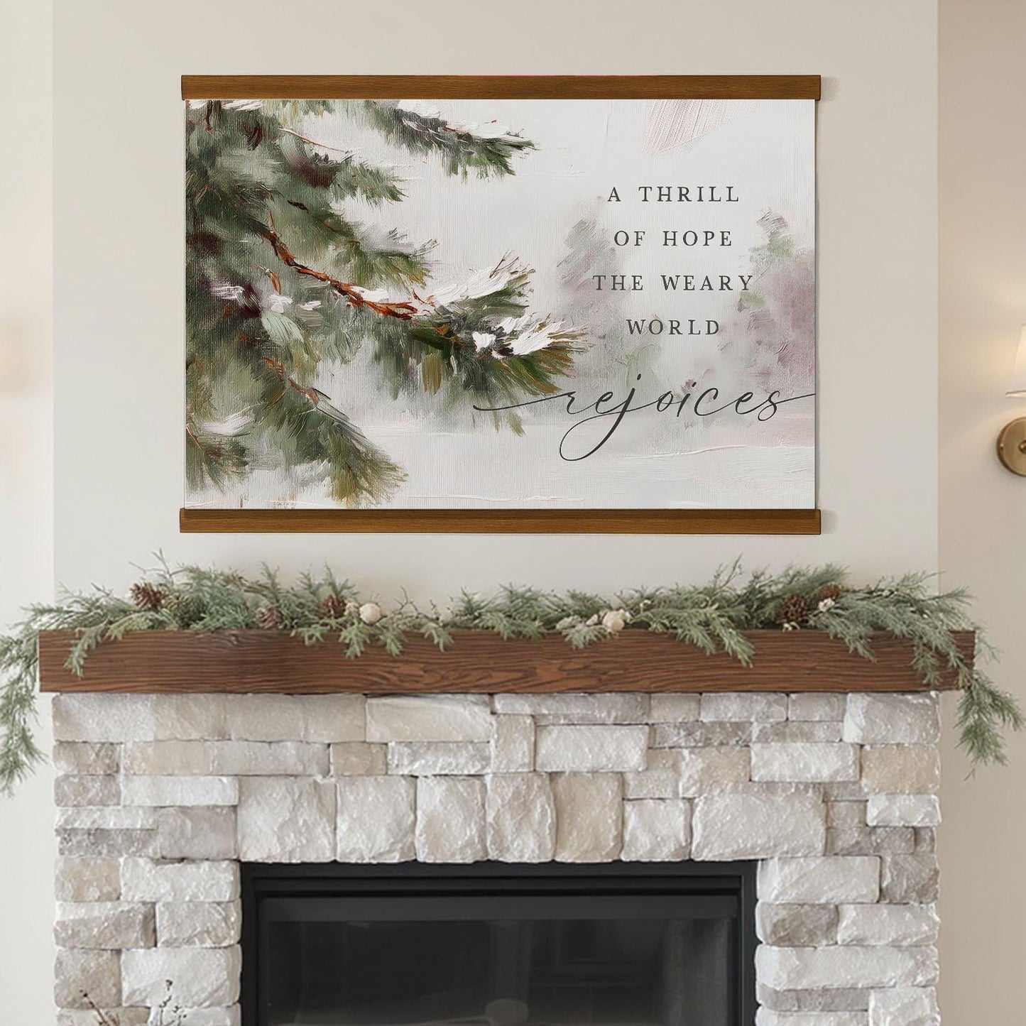 A Thrill of Hope Hanging Canvas • Christian Christmas Wall Art • “The Weary World Rejoices” • Winter Pine Oil Painting Print • Neutral Holiday Decor