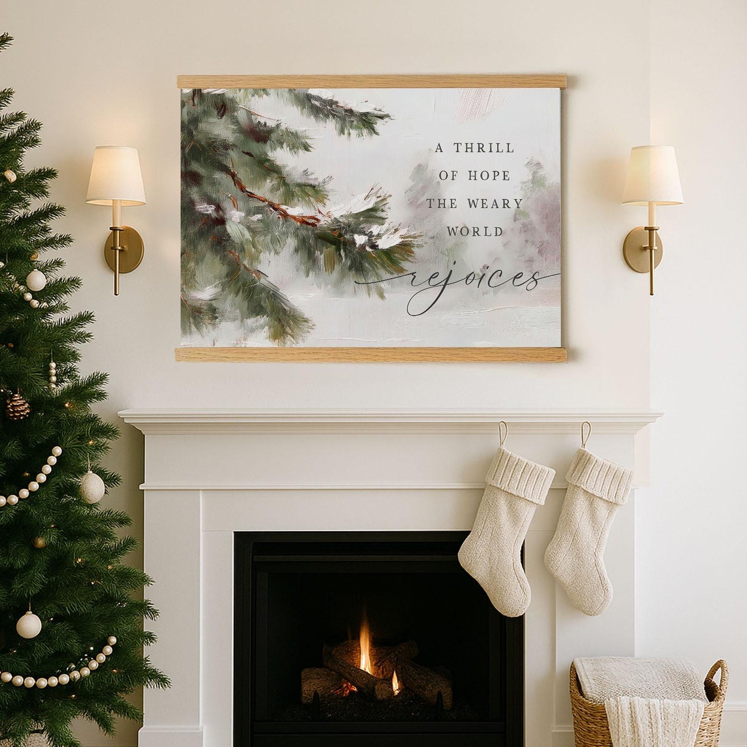 A Thrill of Hope Hanging Canvas • Christian Christmas Wall Art • “The Weary World Rejoices” • Winter Pine Oil Painting Print • Neutral Holiday Decor