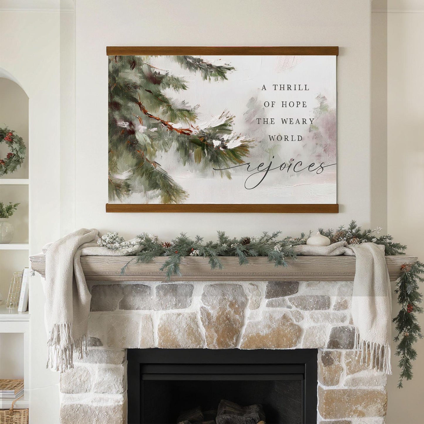 A Thrill of Hope Hanging Canvas • Christian Christmas Wall Art • “The Weary World Rejoices” • Winter Pine Oil Painting Print • Neutral Holiday Decor
