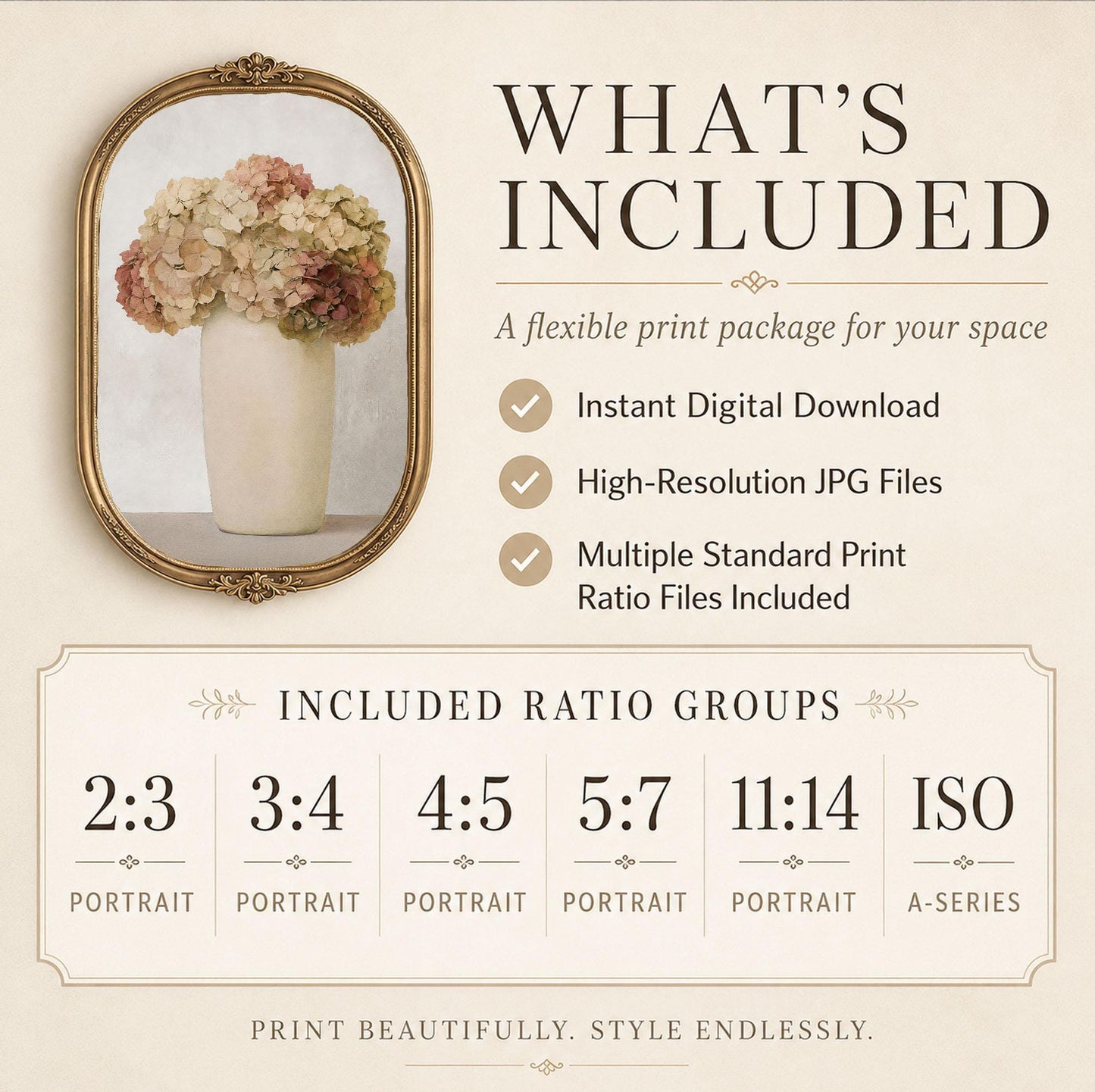 Vintage Hydrangea Botanical Print, Neutral Floral Art, Cottagecore Wall Decor (Digital Download)